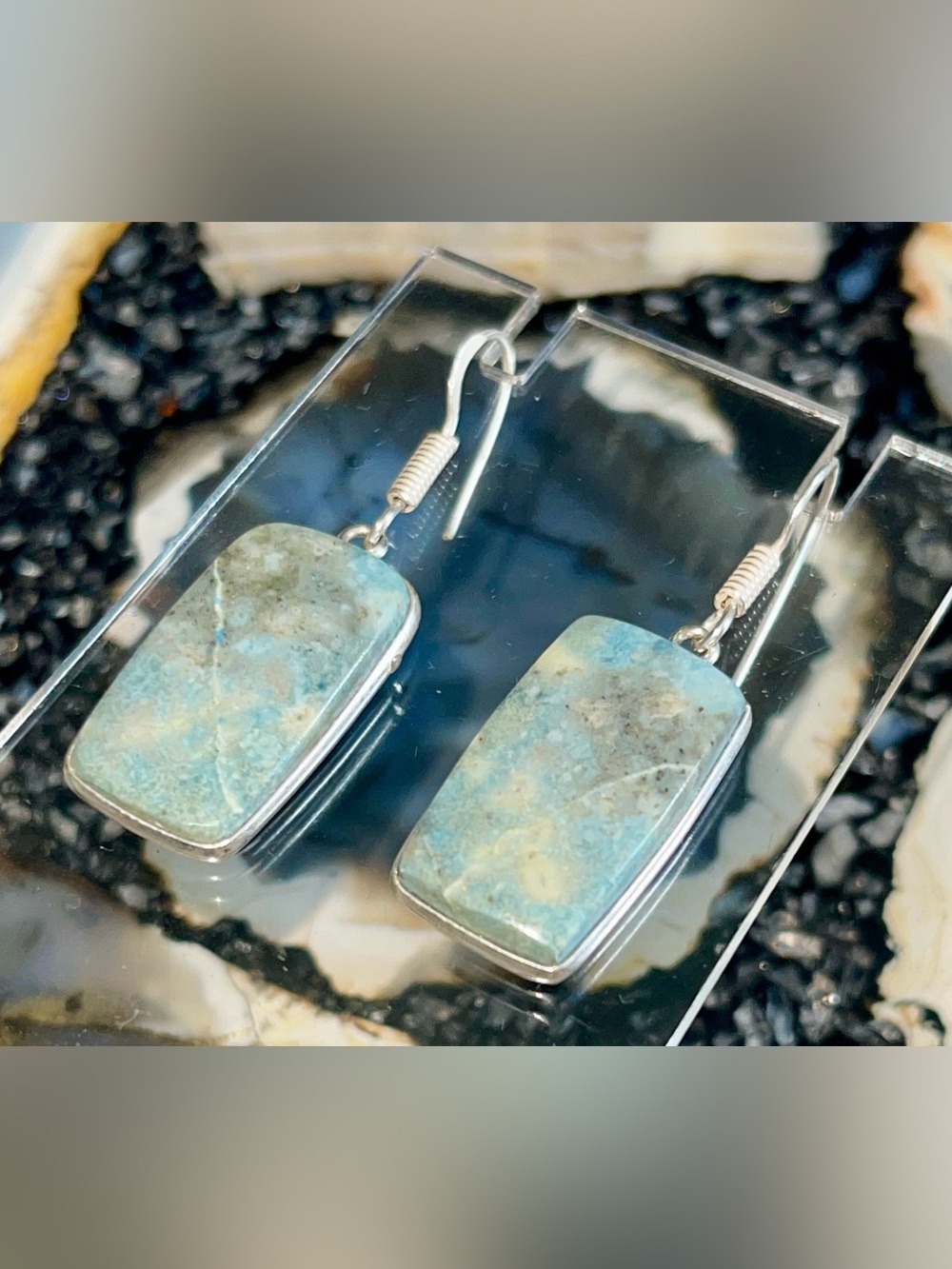 Thin & Dainty Caribbean Larimar Crystal Earrings 1 1/2”